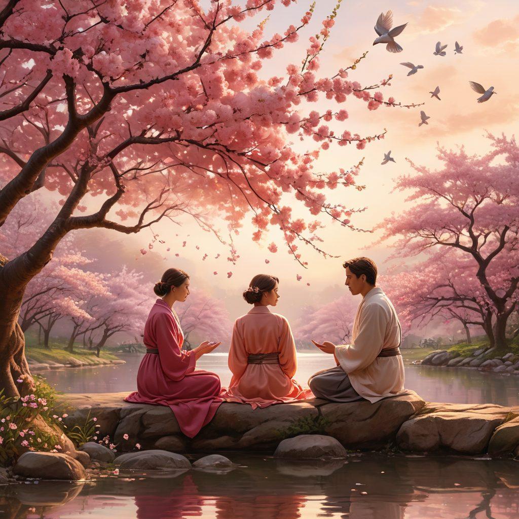 A serene scene depicting two people engaged in a deep conversation under a blooming cherry blossom tree, symbolizing transformation from conflict to connection. Soft, warm colors create a tranquil atmosphere, with subtle hints of mental wellness symbols like hearts and peace doves floating in the background. The characters should express empathy and understanding. super-realistic. vibrant colors. soft background.