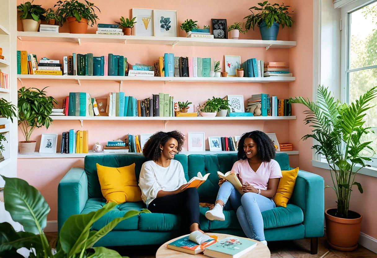 A warm, inviting scene of two diverse individuals sitting on a cozy couch, engaging in deep conversation with smiles, surrounded by books on emotional wellbeing. Soft hues of pastel colors fill the room, with plants and framed quotes about love and connection in the background. The atmosphere radiates warmth and positivity, symbolizing growth and emotional support. Illustration style: super-realistic, vibrant colors.