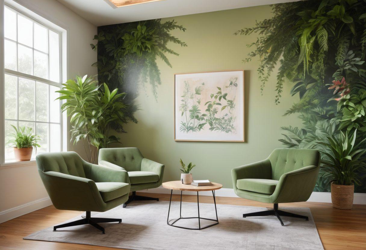 A serene counseling room with two comfortable chairs facing each other, adorned with soft lighting and plants. A notepad and pen sit on a small table, symbolizing communication and growth. In the background, a mural of intertwined hands represents partnership and intimacy. A warm color palette radiates a sense of trust and connection. super-realistic. warm tones. calming atmosphere.
